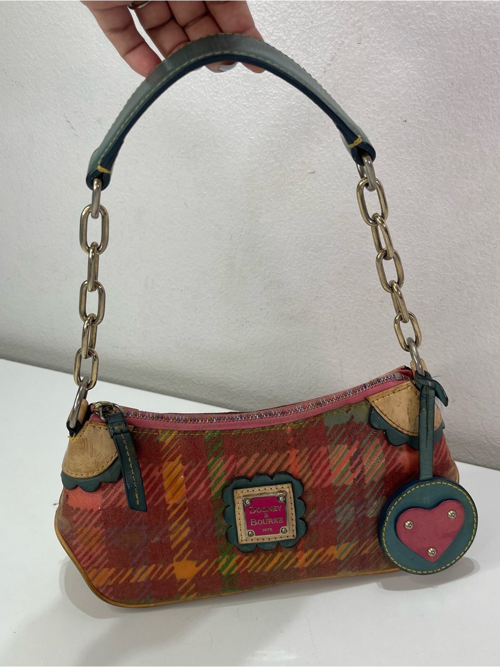 Rare Vtg Y2K Dooney & Bourke Rainbow Tartan Plaid Shoulder Bag Chain Charm